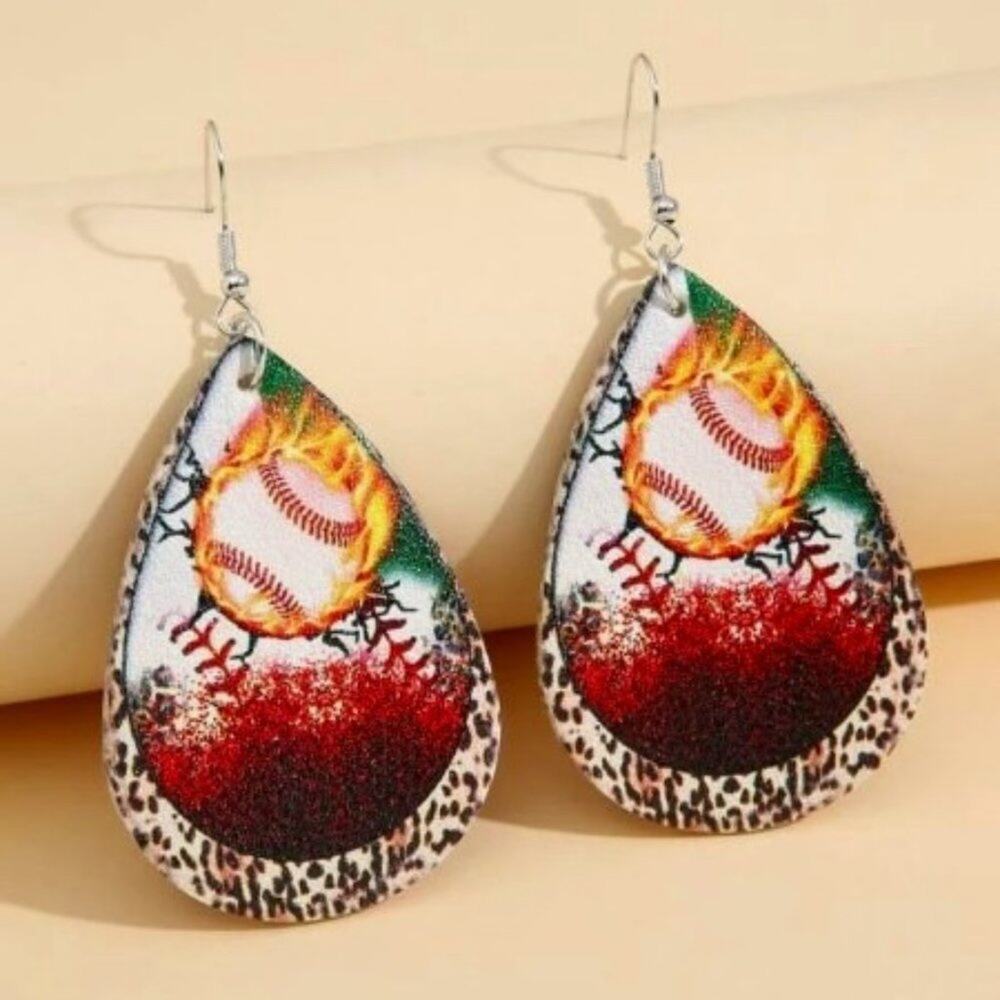 Vegan Leather Teardrop Dangle Earrings‎ Baseball/Animal Print~~NWOT